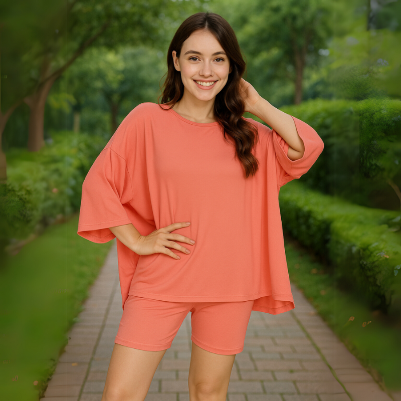 Blush Women’s Oversized Ribbed Tee & Biker Shorts Set on the model