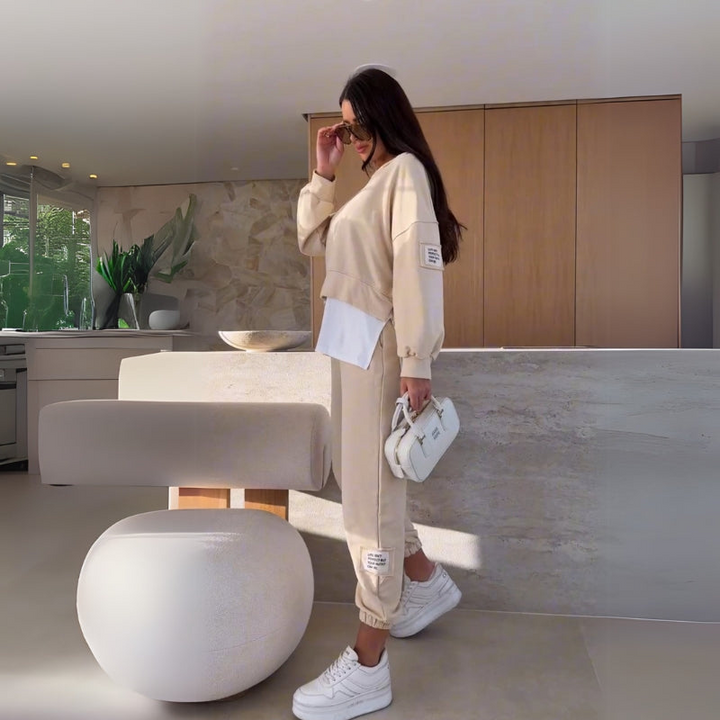 Beige Women’s Coordinated Minimalist Fit Tracksuit Set on the model