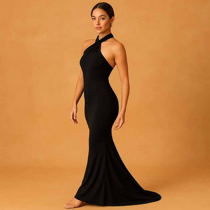 Black Women’s Ruched Backless One-Shoulder Sheath Dress on model