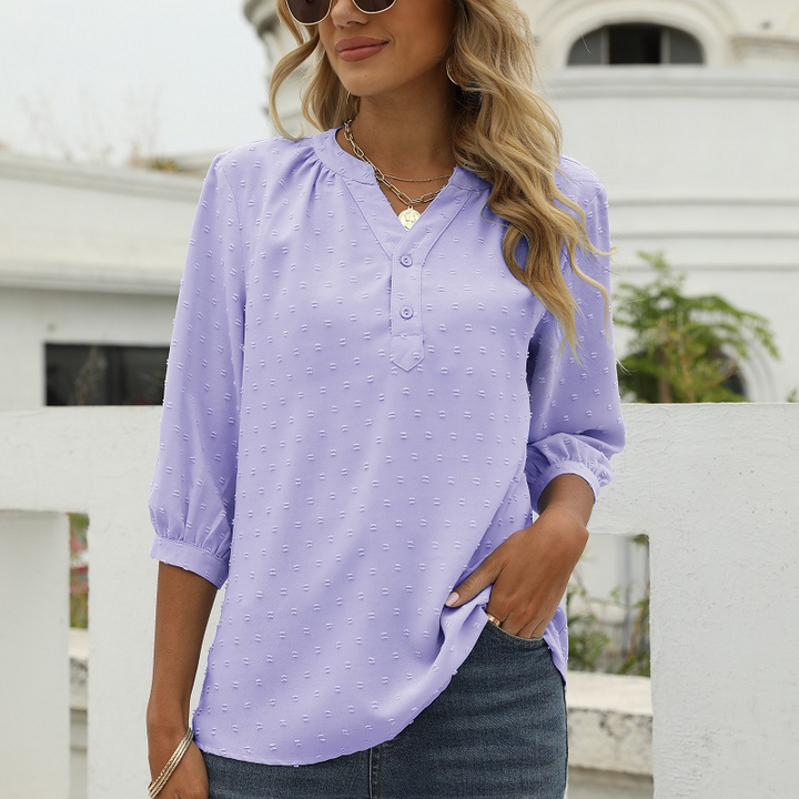 Light Purple Women’s V-Neck  Bell Sleeves Blouse on model