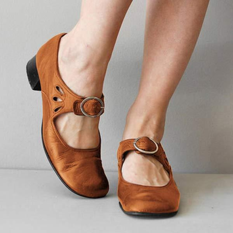 Brown Women’s Wedge Buckle Detail Sandals on the model 