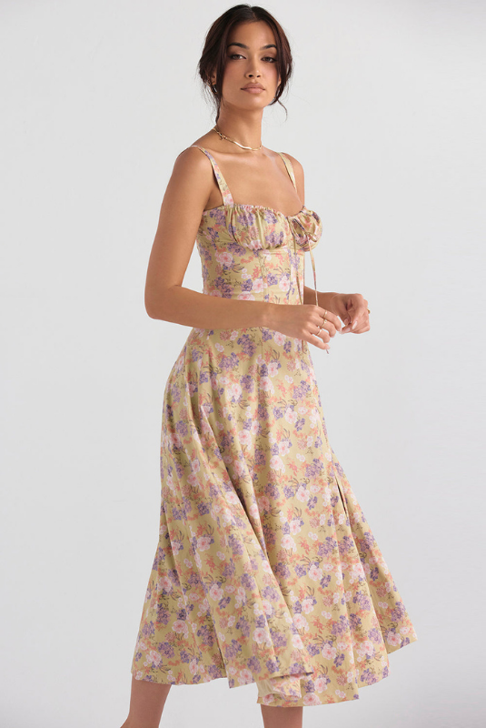 Yellow Floral Women’s Printed Bustier Midi Dress on the model