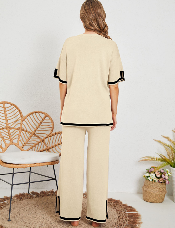 Apricot Women’s Crewneck & Wide-Leg Knit Lounge Set - Short Sleeves on the model