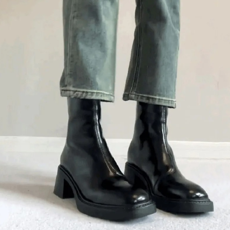 Black Women’s Modern Square Toe Ankle Boots on the model