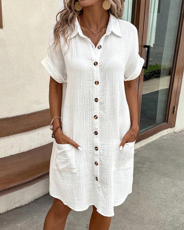 White Women’s Elegant Lightweight Shirt Dress on model