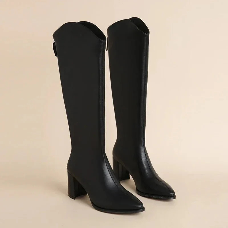 White Women’s Elegant Knee-High Boots Block Heel