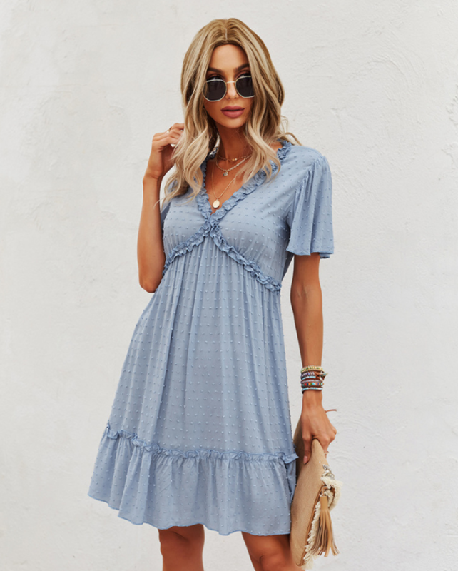Blue Women’s Boho Short-Sleeve Chiffon Dress on model