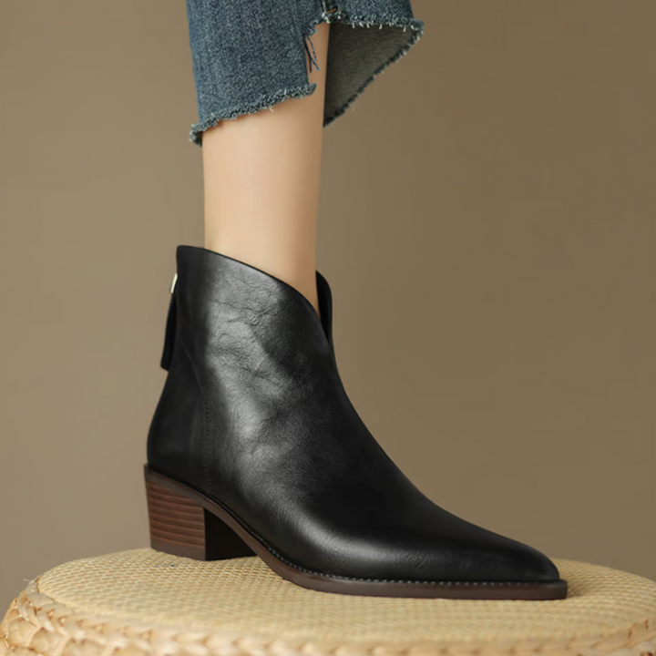 Black Women’s Elegant Block Heel Ankle Boots on the model
