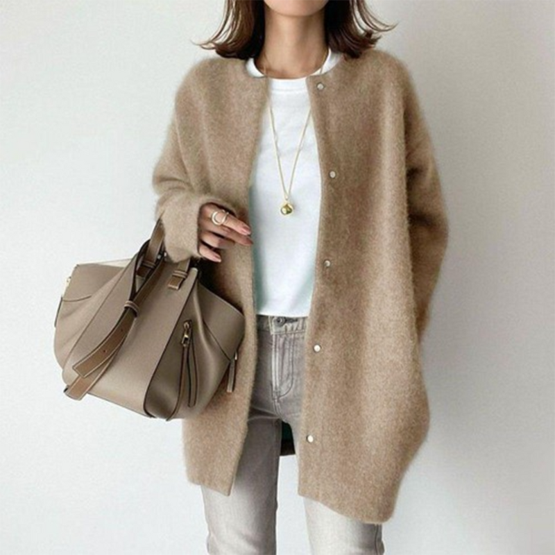 Khaki Women’s Elegant Knit Cardigan Pocket Detail on model