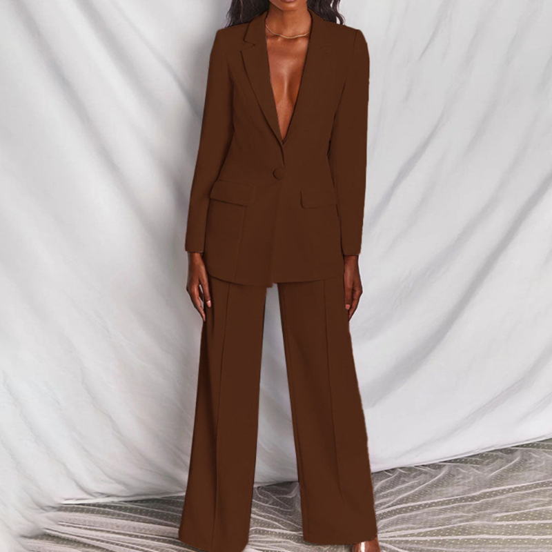 Coffee Women’s Elegant Tailored Fit Blazer & Trousers Set on model