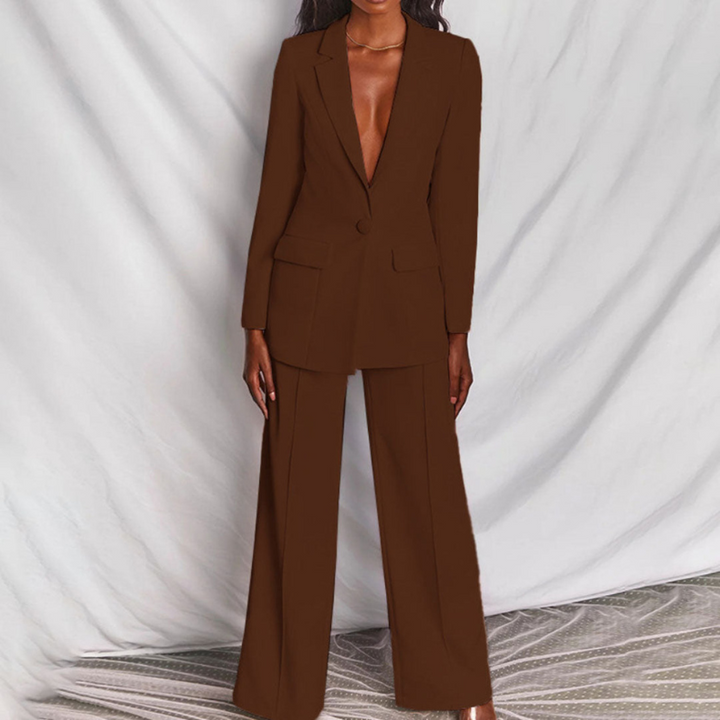 Coffee Women’s Elegant Tailored Fit Blazer & Trousers Set on model