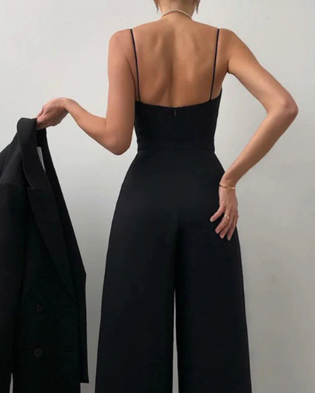 Black Women’s Elegant Sweetheart Neckline Wide-Leg Jumpsuit on the model