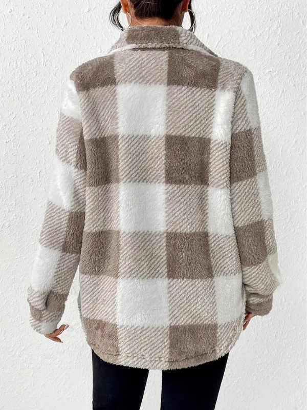 Dark Gray Women’s Classic Fit Plaid Long Sleeve Jacket on the model