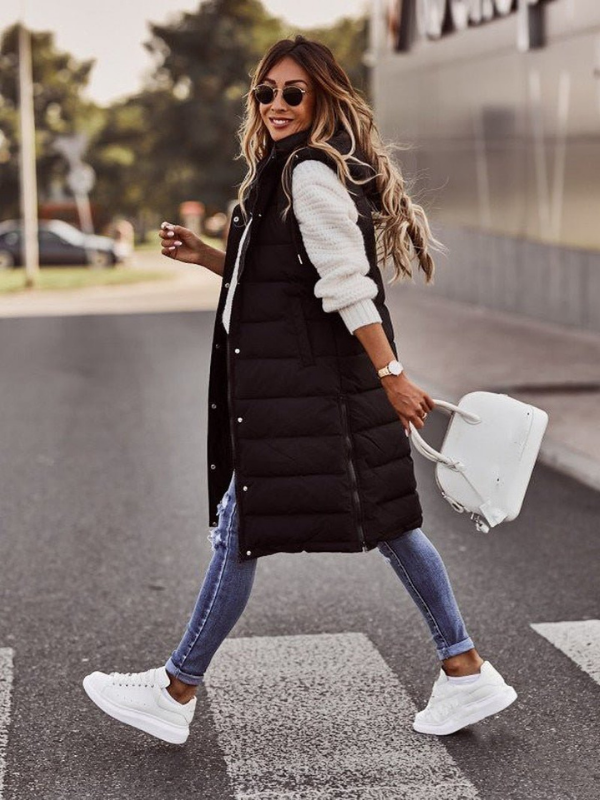 Black Women’s Knee-Length Quilted Vest on the model