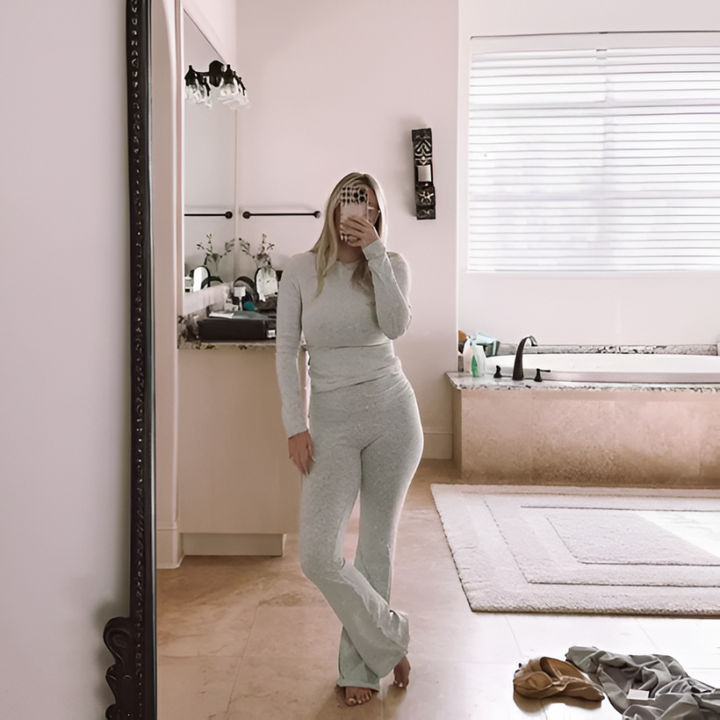 Gray Women’s Foldover Waistband  Lounge Set - Long Sleeves on the model