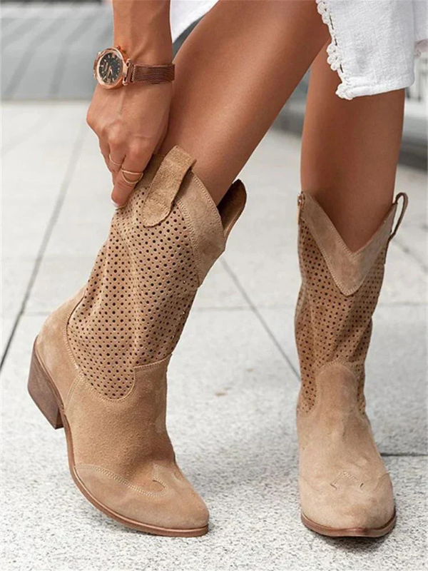 Brown Women’s Zipper Breathable Cowboy Boots on model