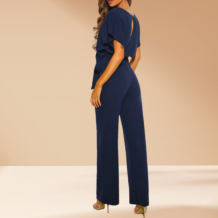 Dark Blue Women’s Chic Tie Waist Wide-Leg Jumpsuit on the model