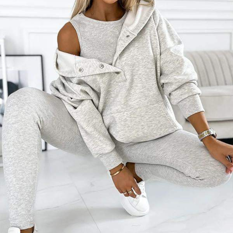 Gray Women’s Soft Fabric Blend Casual Sweatshirt Set on the model