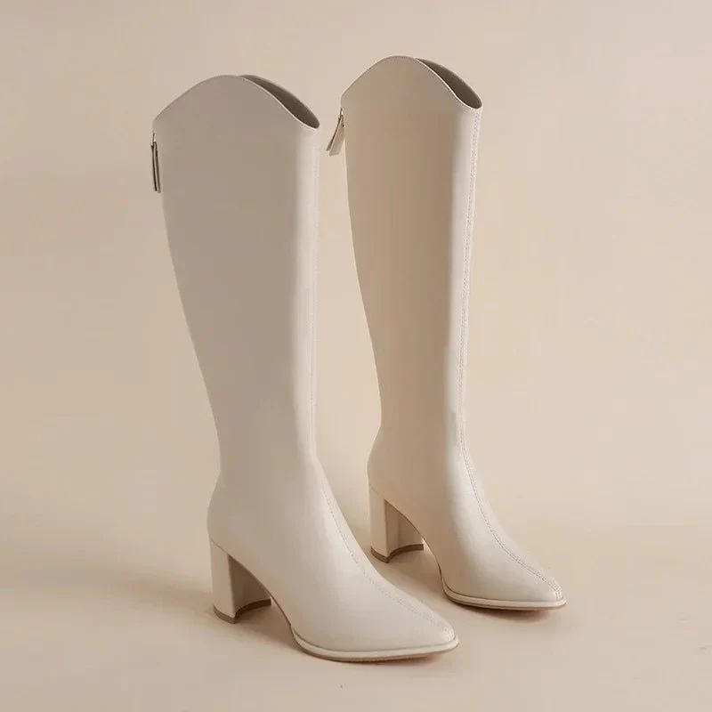 White Women’s Elegant Knee-High Boots Block Heel