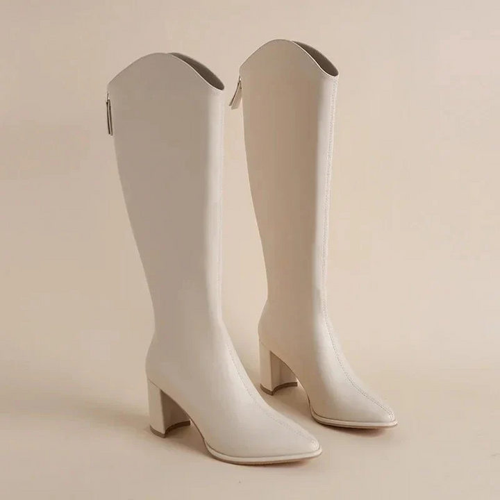 White Women’s Elegant Knee-High Boots Block Heel