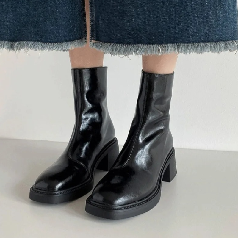 Black Women’s Modern Square Toe Ankle Boots on the model
