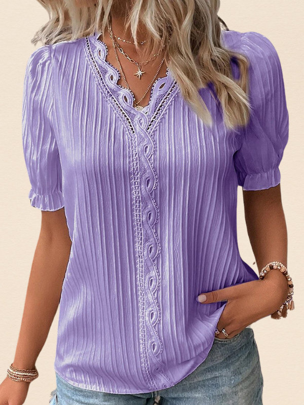 Purple Women’s Puff Sleeve V-Neck Blouse on the model