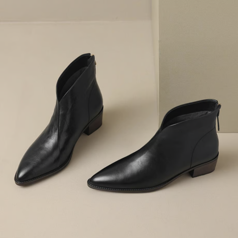 Black Women’s Elegant Block Heel Ankle Boots on the model