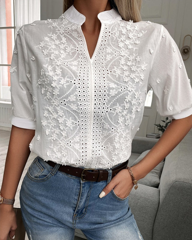 White Women’s Classic Fit Tailored Blouse on the model