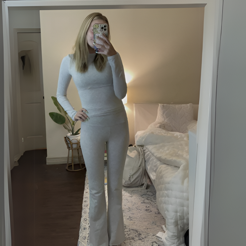 Gray Women’s Foldover Waistband  Lounge Set - Long Sleeves on the model