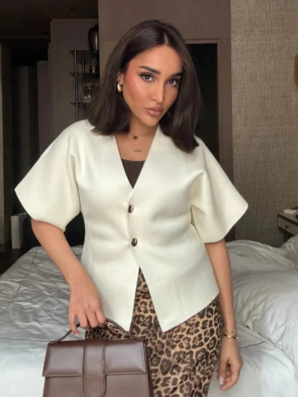 White Women’s Minimal V-Neck Blouse Two-Button on model 