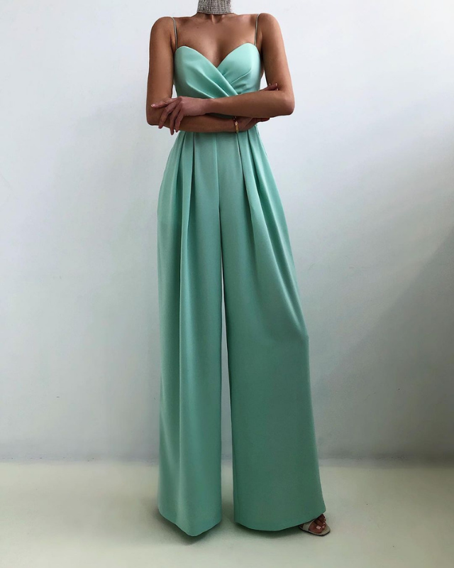 Turquoise Women’s Elegant Sweetheart Neckline Wide-Leg Jumpsuit on the model