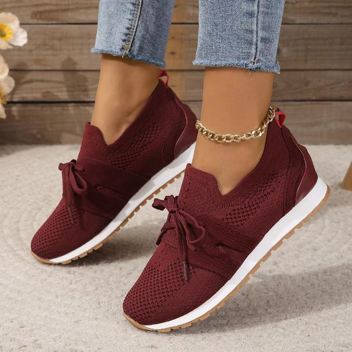 Red Women’s Orthopedic-Ergonomic Fit Sneakers on the model