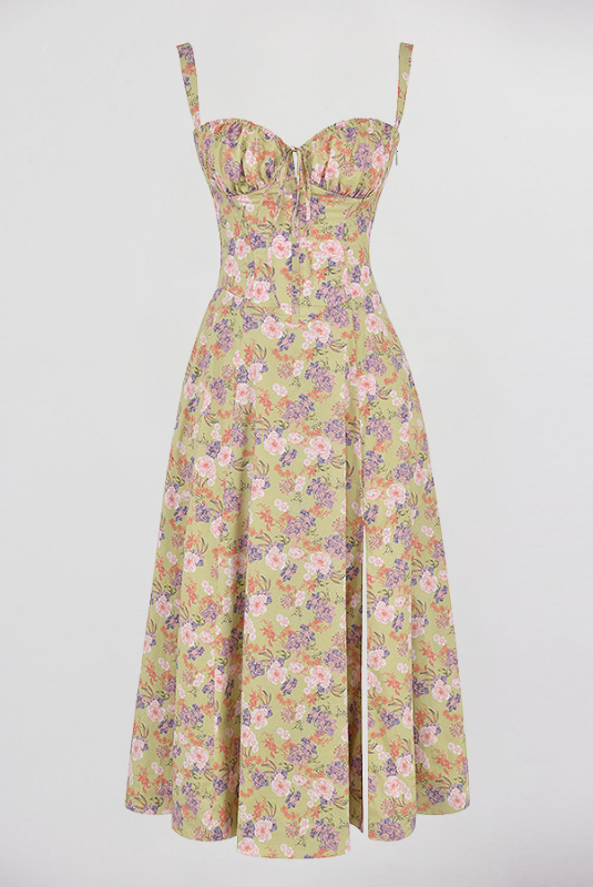 Yellow Floral Women’s Printed Bustier Midi Dress 