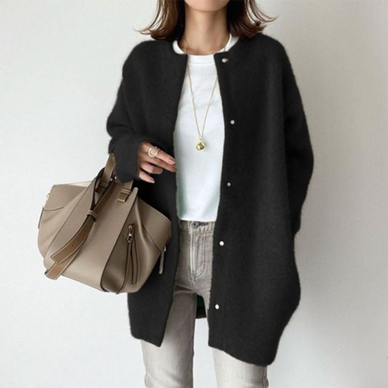 Black Women’s Elegant Knit Cardigan Pocket Detail on model