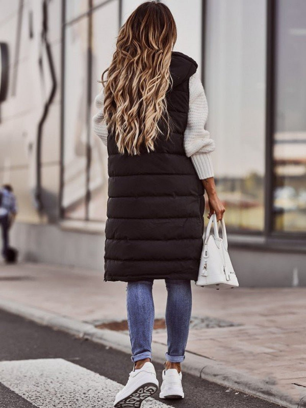 Black Women’s Knee-Length Quilted Vest on the model