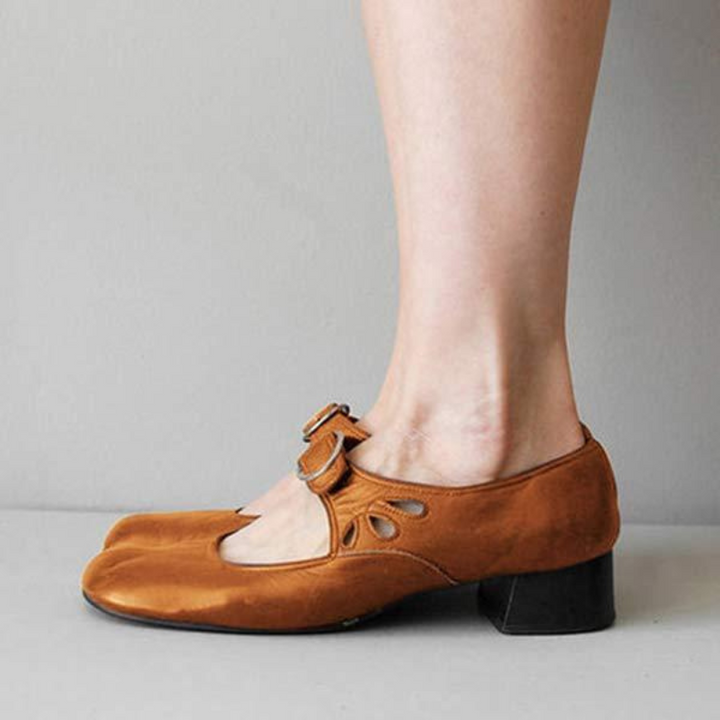 Brown Women’s Wedge Buckle Detail Sandals on the model 