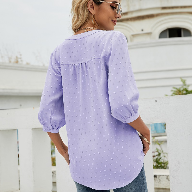 Light Purple Women’s V-Neck  Bell Sleeves Blouse on model