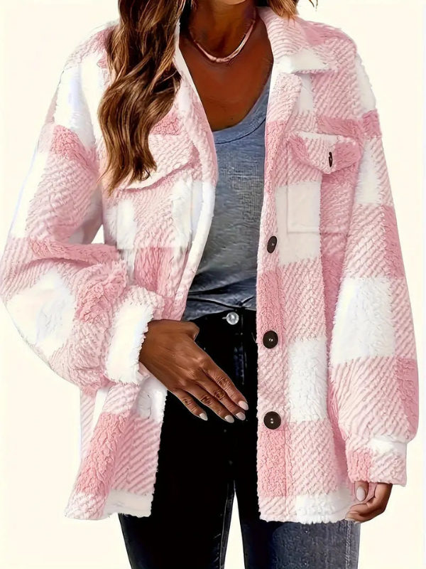 Pink Women’s Classic Fit Plaid Long Sleeve Jacket on the model