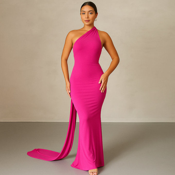 Pink Women’s Ruched Backless One-Shoulder Sheath Dress on model