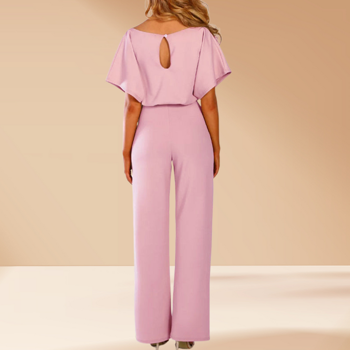 Pink Women’s Chic Tie Waist Wide-Leg Jumpsuit on the model