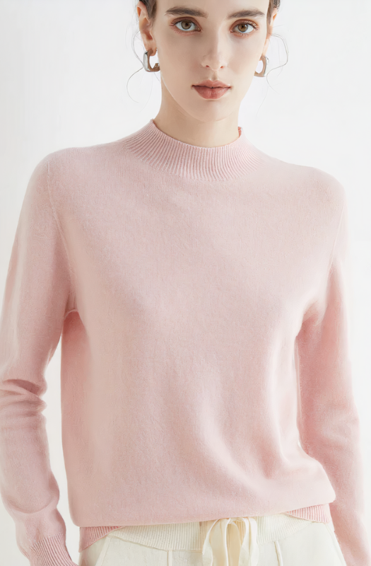 Pink Women’s Classic Soft Half-Neck Sweater on the model