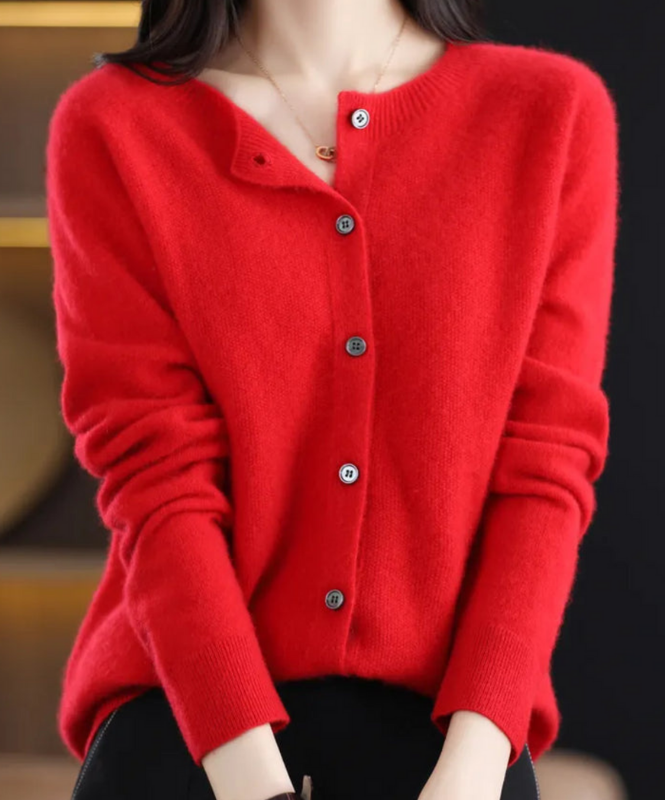 Red Women’s Elegant V-Neck Button-Detailed Sweater on the model