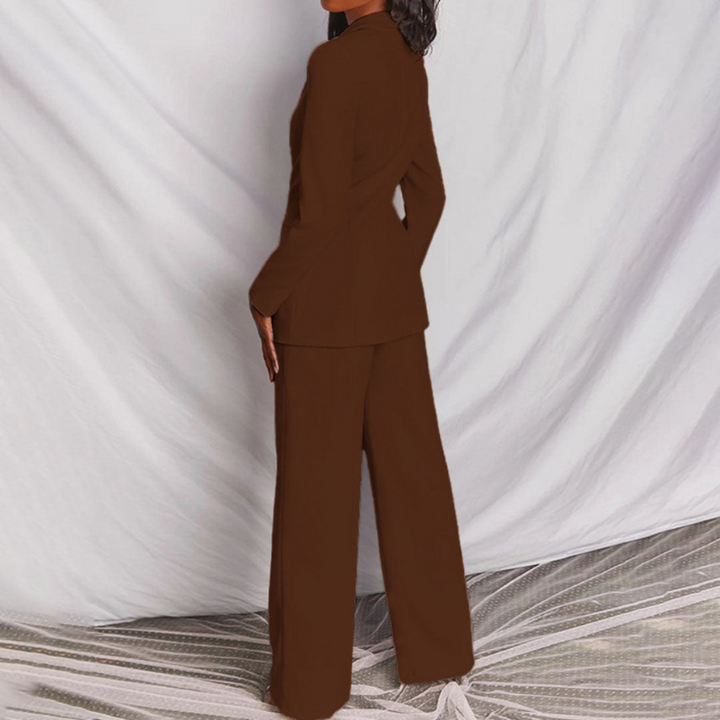 Coffee Women’s Elegant Tailored Fit Blazer & Trousers Set on model