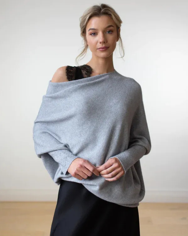 Light Gray Women’s Swing Collar Off-Shoulder Knit Jumper on model