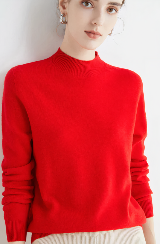 Red Women’s Classic Soft Half-Neck Sweater on the model