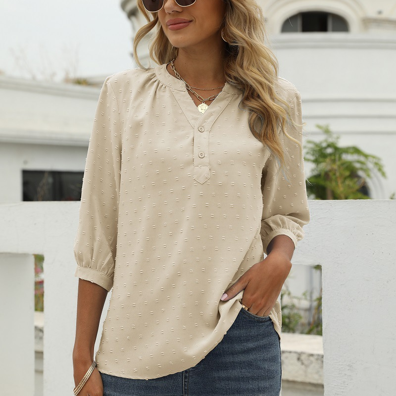 Cream Women’s V-Neck  Bell Sleeves Blouse on model