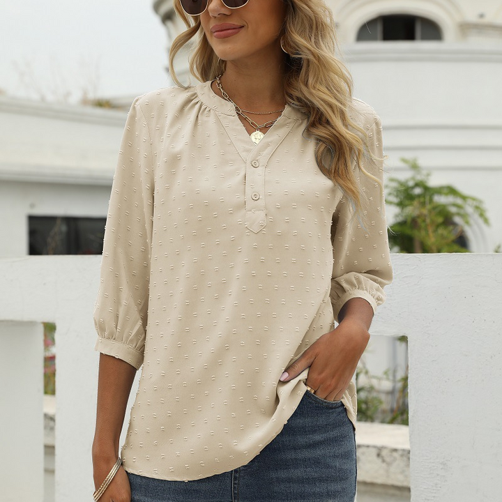 Cream Women’s V-Neck  Bell Sleeves Blouse on model
