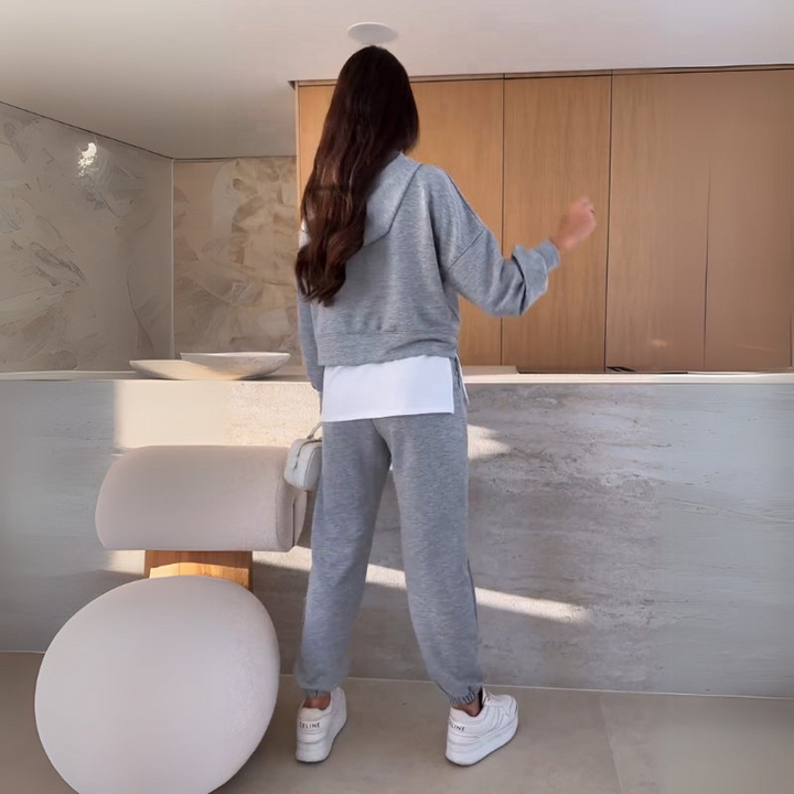 Gray Women’s Coordinated Minimalist Fit Tracksuit Set on the model