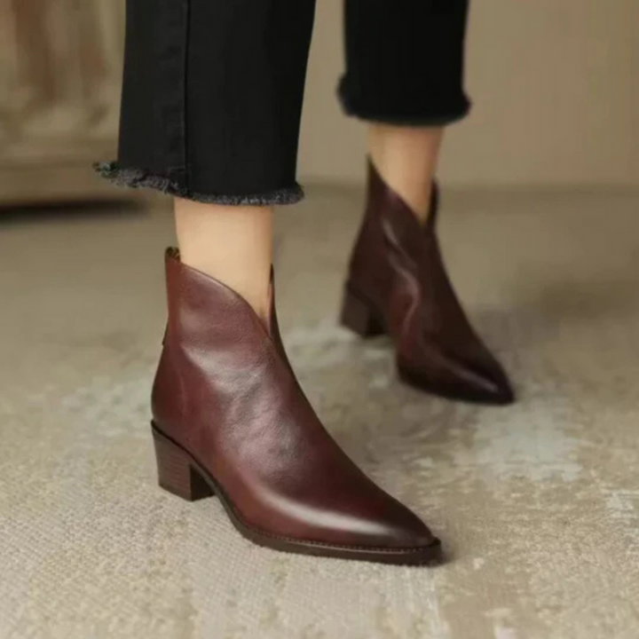Brown Women’s Elegant Block Heel Ankle Boots on the model