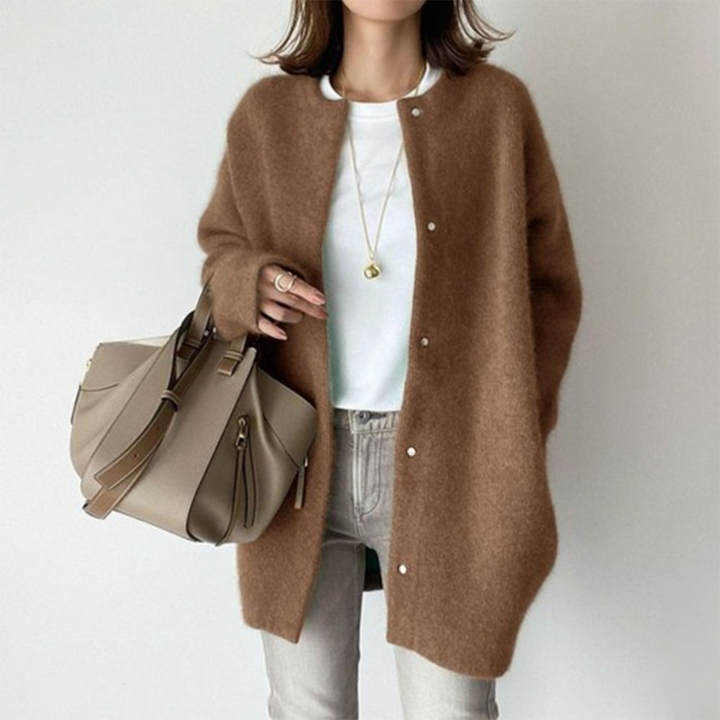Caramel Women’s Elegant Knit Cardigan Pocket Detail on model